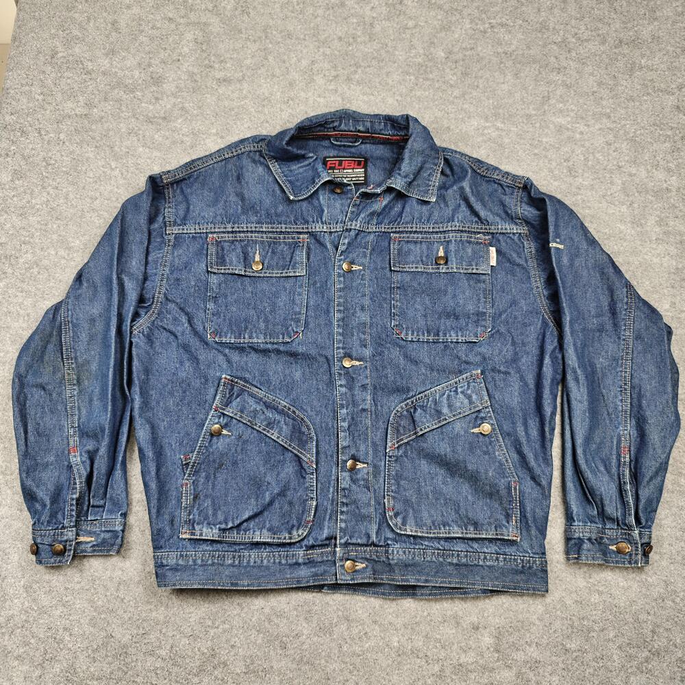 Vintage FUBU Jacket Mens XL Blue Denim Military Collared Pockets Logo 90s